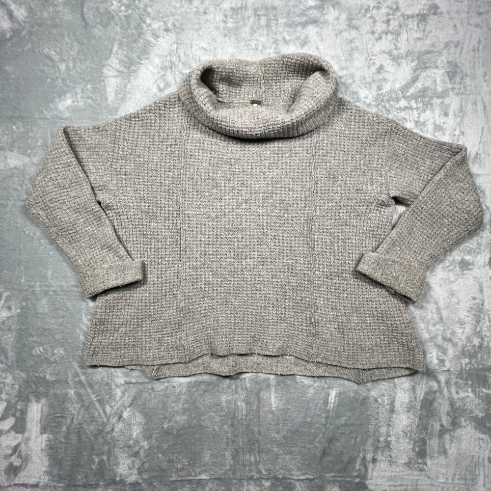 Free People Cowl Neck Sweater Women Gray Waffle Knit Oversized Seam Detail S